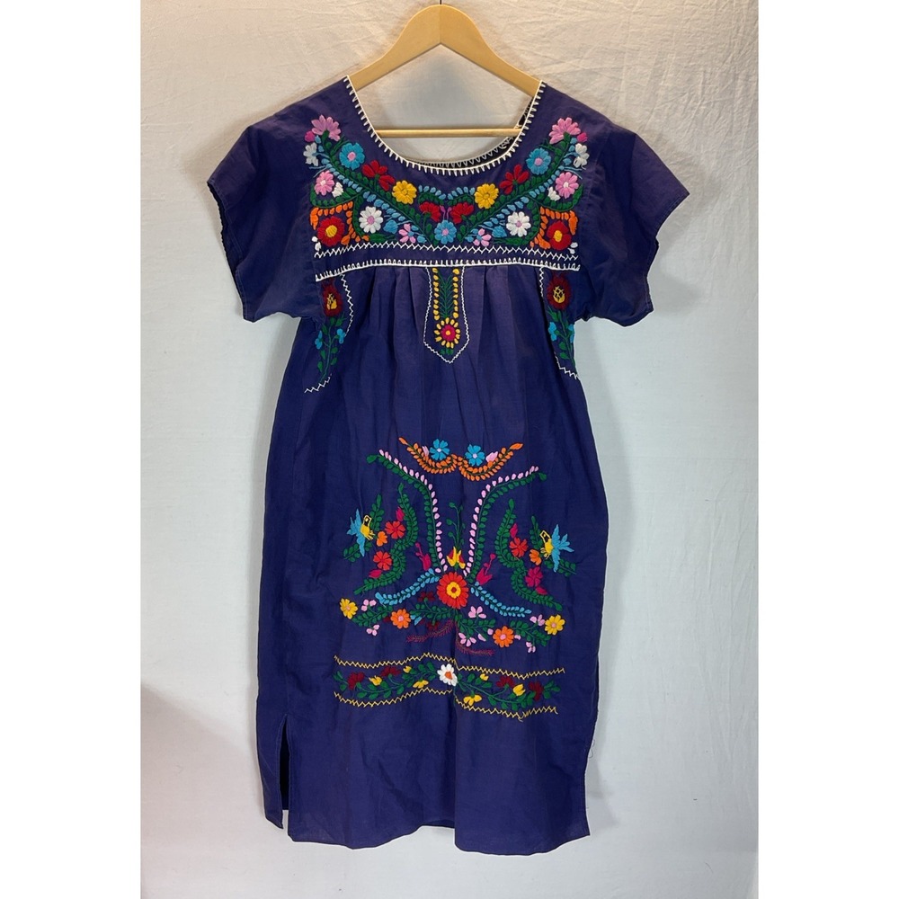 Handmade Mexican Oaxacan Patio Flowers‎ Floral Embroidery Kaftan Dress SM